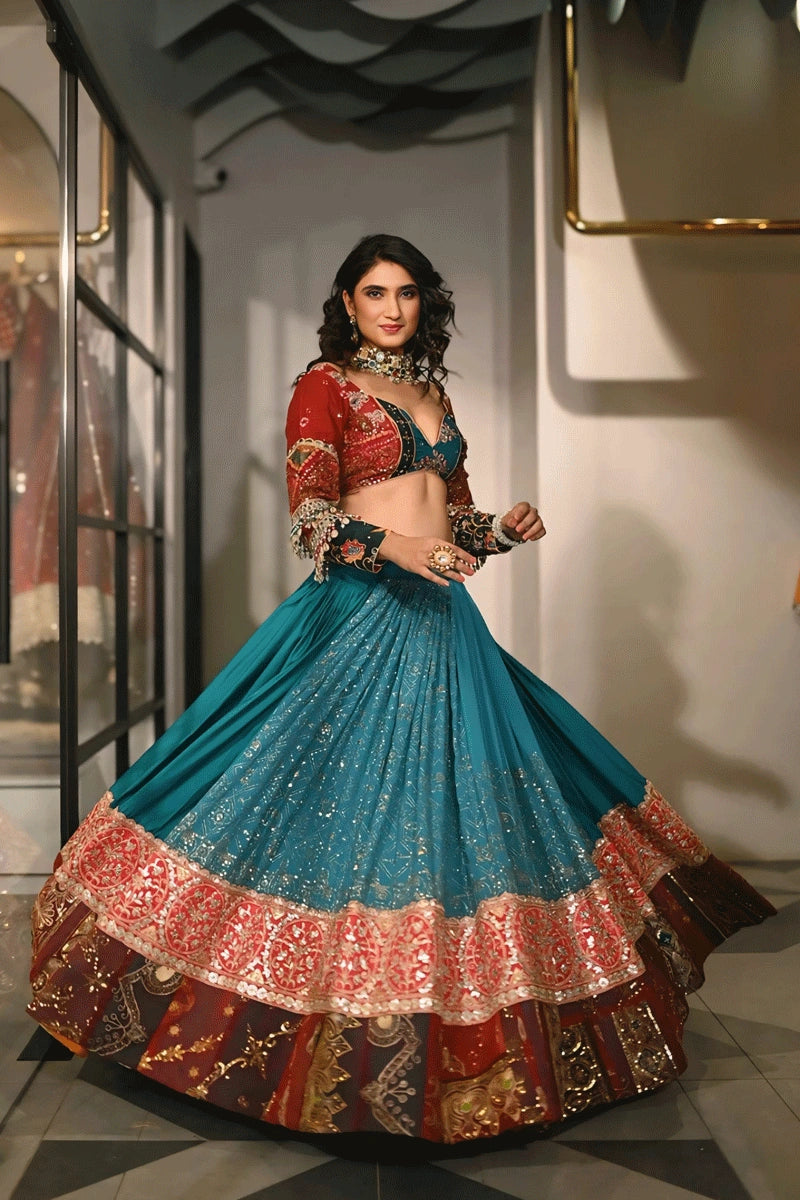 Real Mirror Work Sky Blue Chaniya Choli For Navratri
