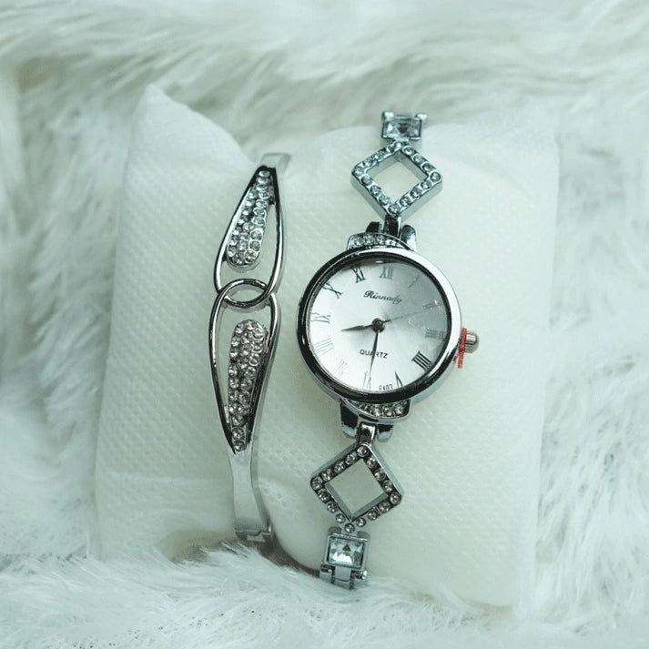 Stylish Silver Diamond Watch & Bracelet Set
