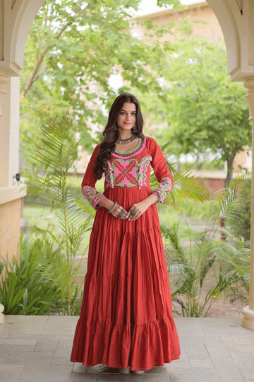 Latest Heavy Flair Embroidery Work Long Gown For Garba