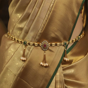Gold Plated Waist Belt with Red & Green Stones