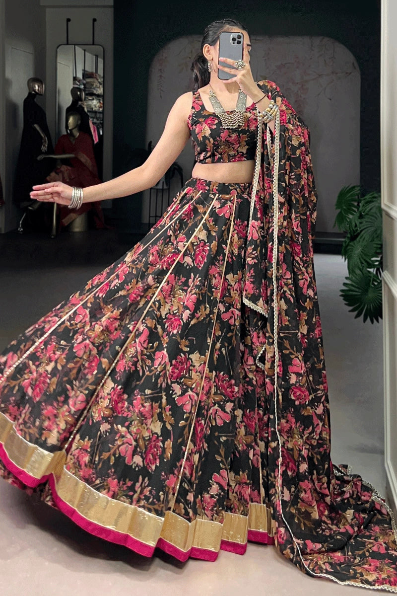 Black Color Flower Print Lehenga Choli For Girl