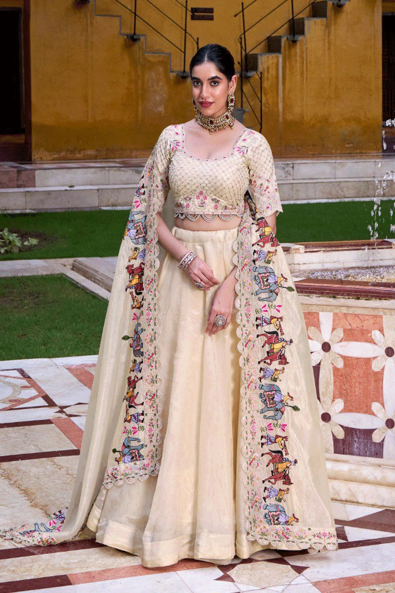 Latest Off White Embroidery Work Lehenga Choli For Wedding