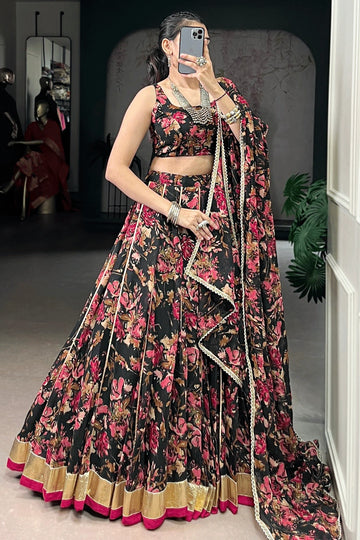 Black Color Flower Print Lehenga Choli For Girl