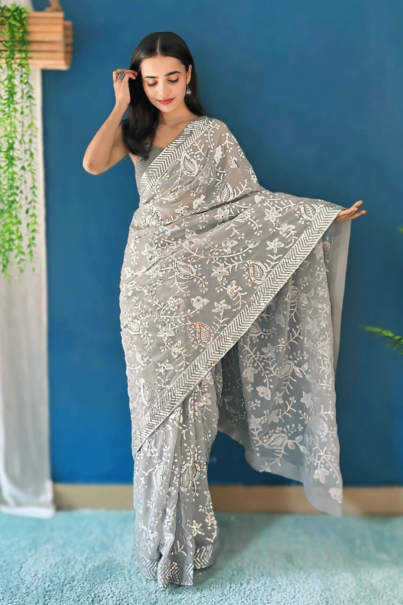 Grey Colour Sequence Saree For Party Wear