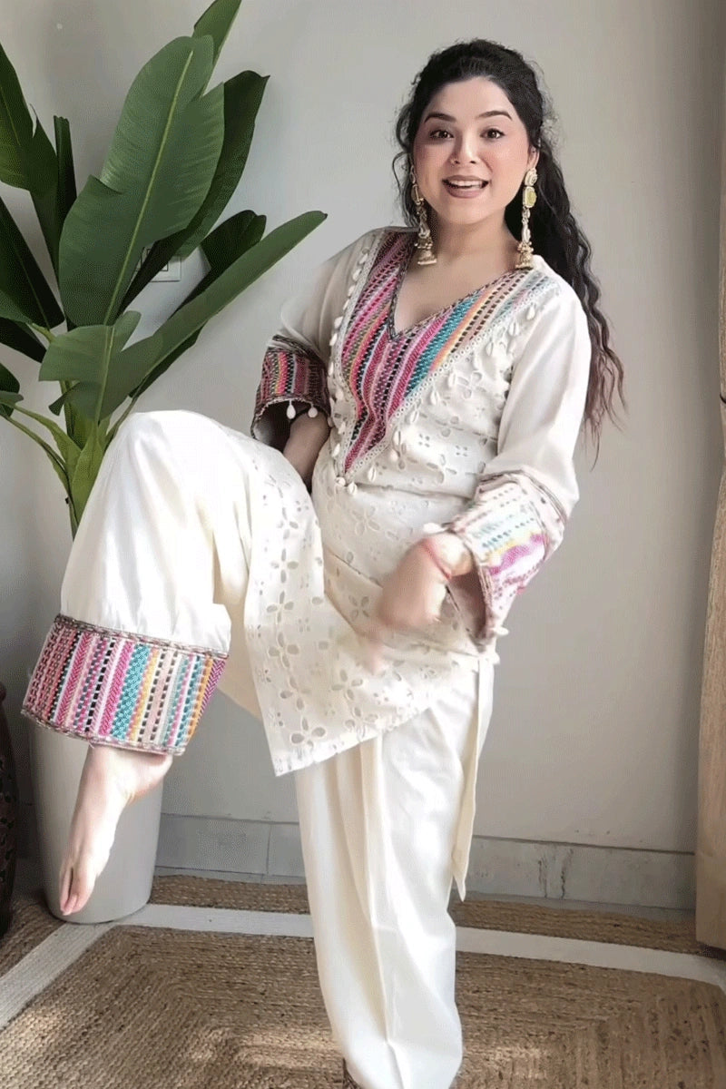 Ready To Wear White Color Kodi Work Cordset