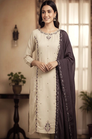 Cream Color Kurti Pent Dupatta Set For Women