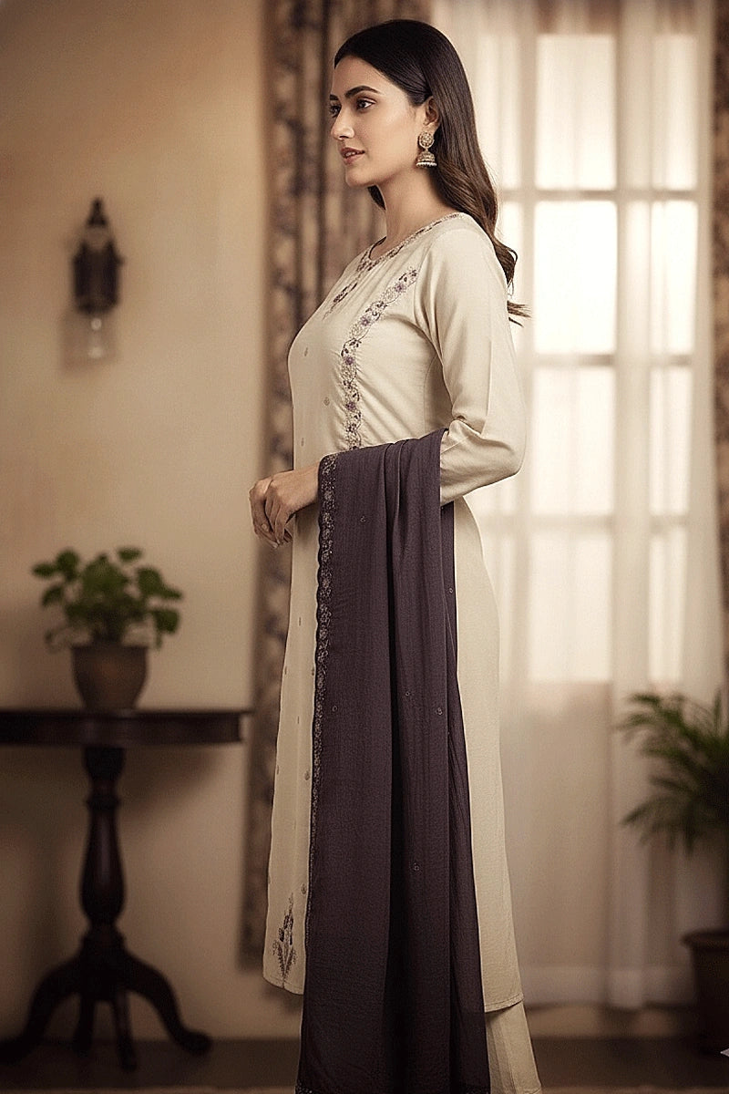 Cream Color Kurti Pent Dupatta Set For Women