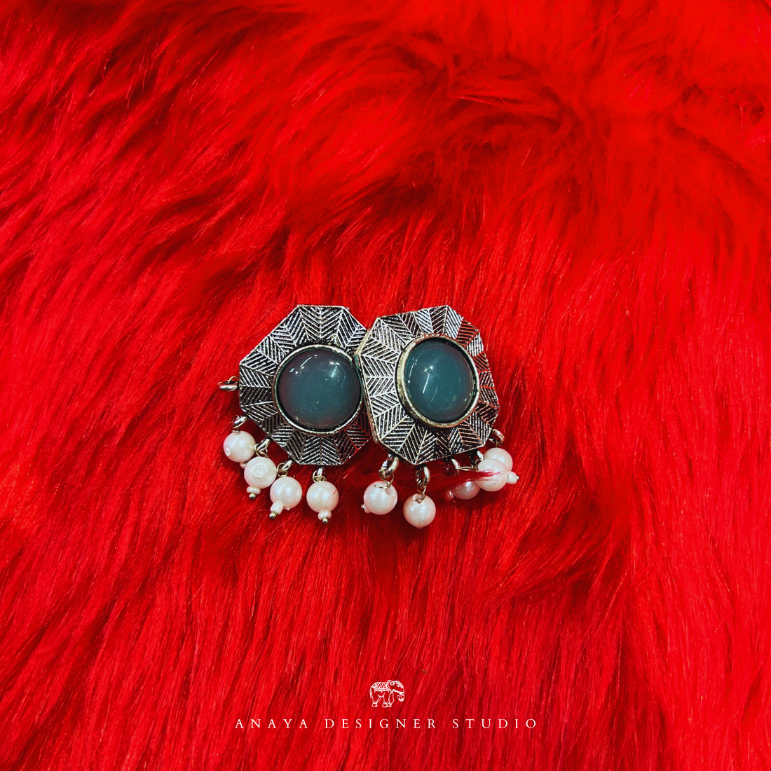 Blue Stone With White Stone Silver Earrings