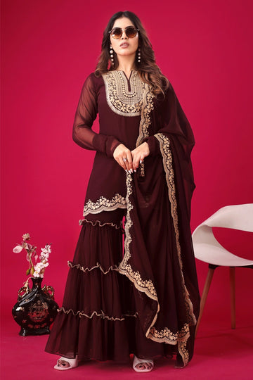 Full Sleeve Brown Sharara Suit For Eid Festival