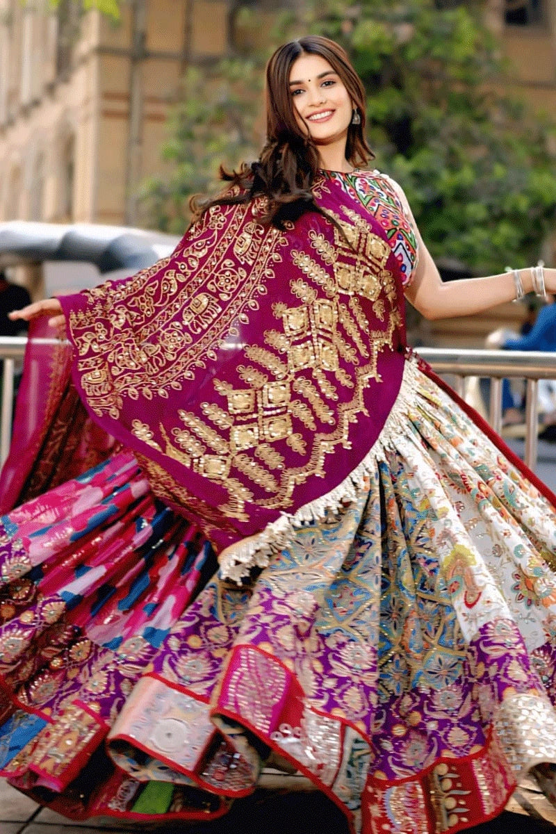 Digital Print Real Mirror Work Ghagra Choli For Garba