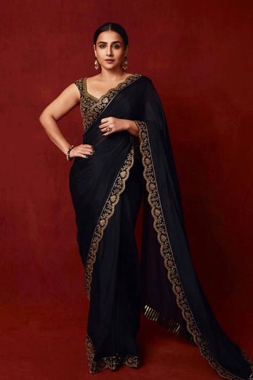 Actress Vidya Balan Reception Wear Black Saree