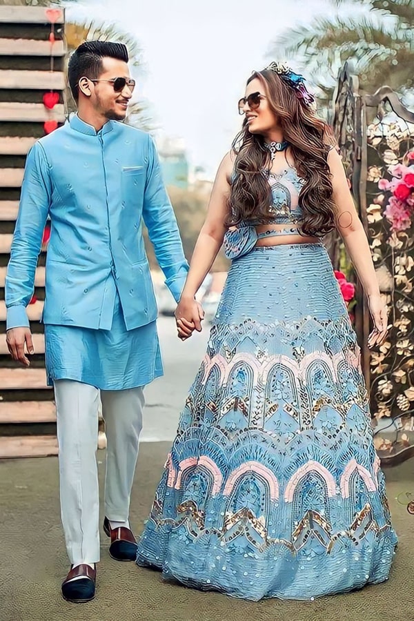All New Sky Blue Crop Top Lehenga For Engagement Girls - Anaya Designer Studio