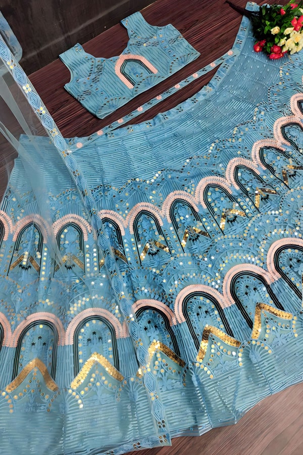 All New Sky Blue Crop Top Lehenga For Engagement Girls - Anaya Designer Studio