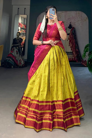 Elevate Your Ethnic Ensemble with Luxurious Fabric Silk Half Saree For Haldi