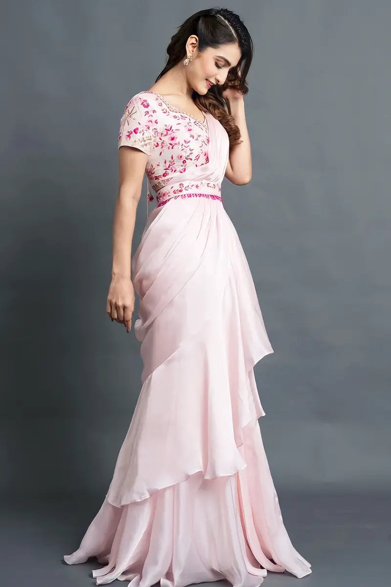 Baby Pink Ready To Wear Ruffle Saree Design