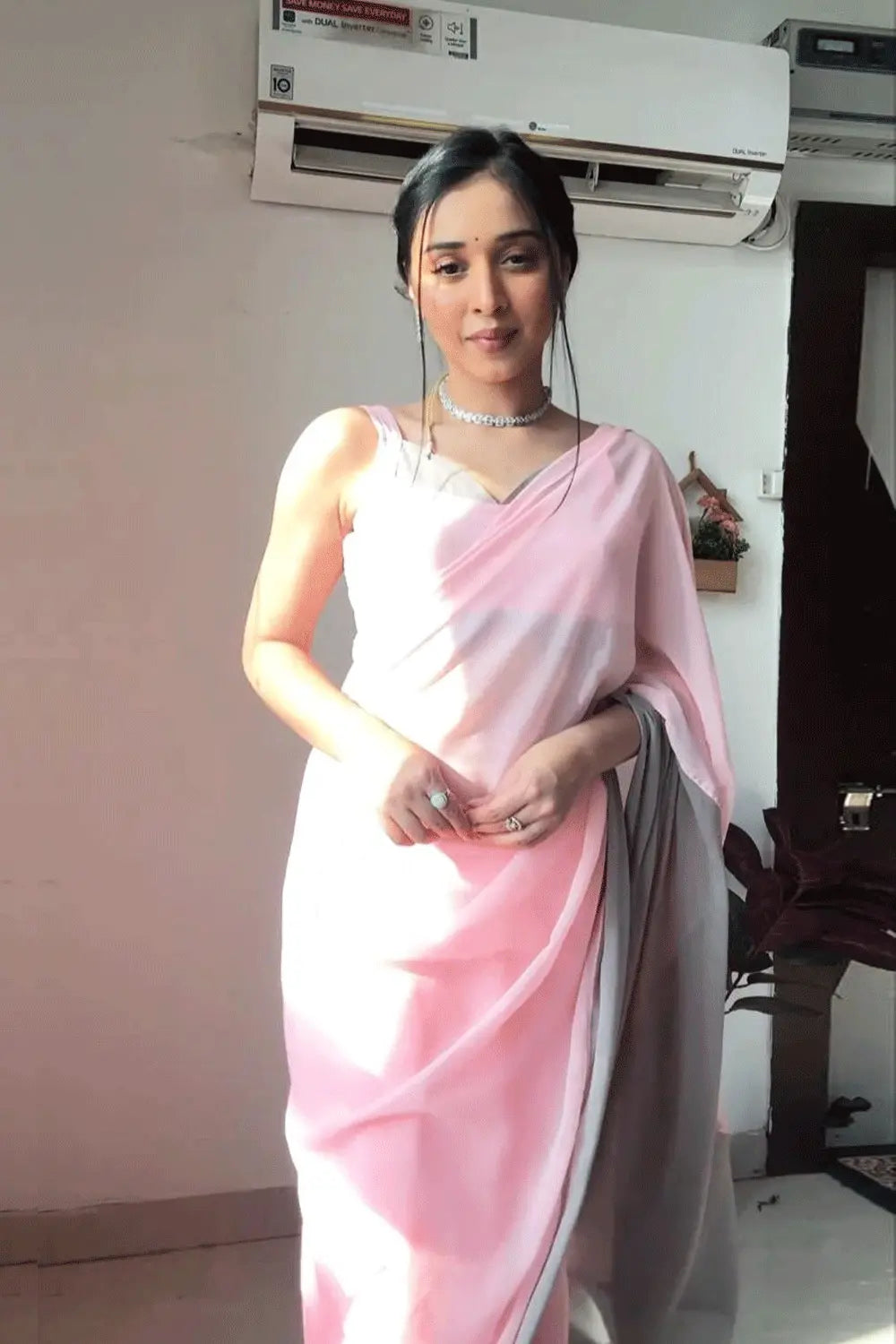 Baby Pink Color Pre Stitched Saree For Farewell