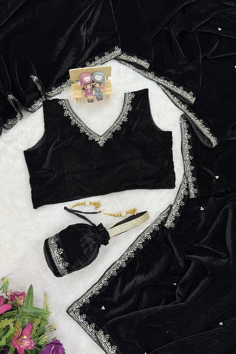 Balck Stylish Velvet Saree