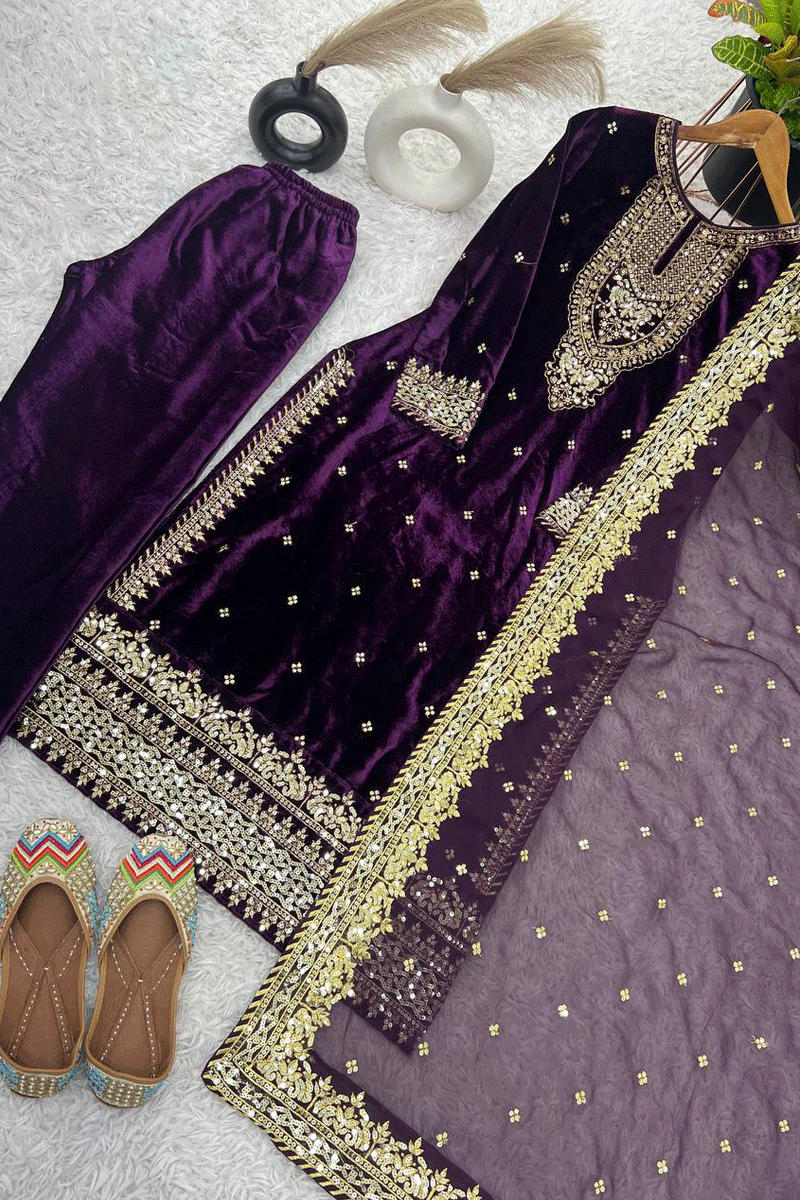 Beautiful Heavy Work Velvet Full Sleeve Dress