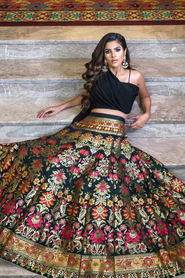 Black Banarasi Silk Crop Top Lehenga For Girls