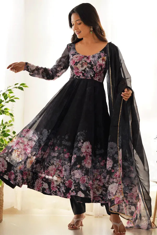 Black Floral Print Anarkali Gown With Dupatta