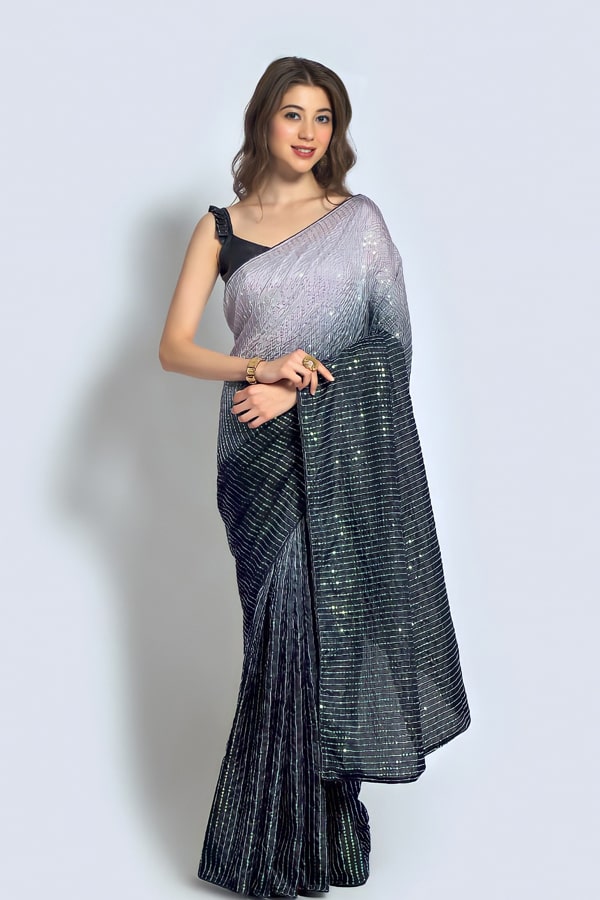 Black Sequin Saree With Vichitra Silk