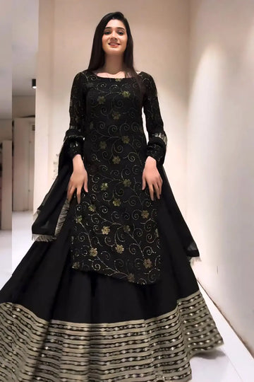 Black Short Kurti Lehenga for Function - Main Image