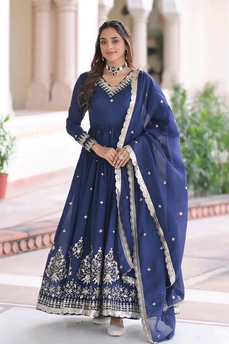 Festive Wear Blue Color Embroidery Work Anarkali Gown Suit