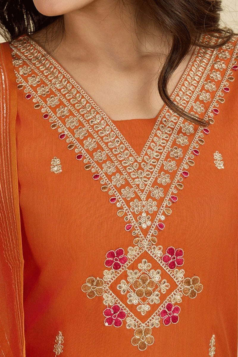 Orange Cotton Kurti Set