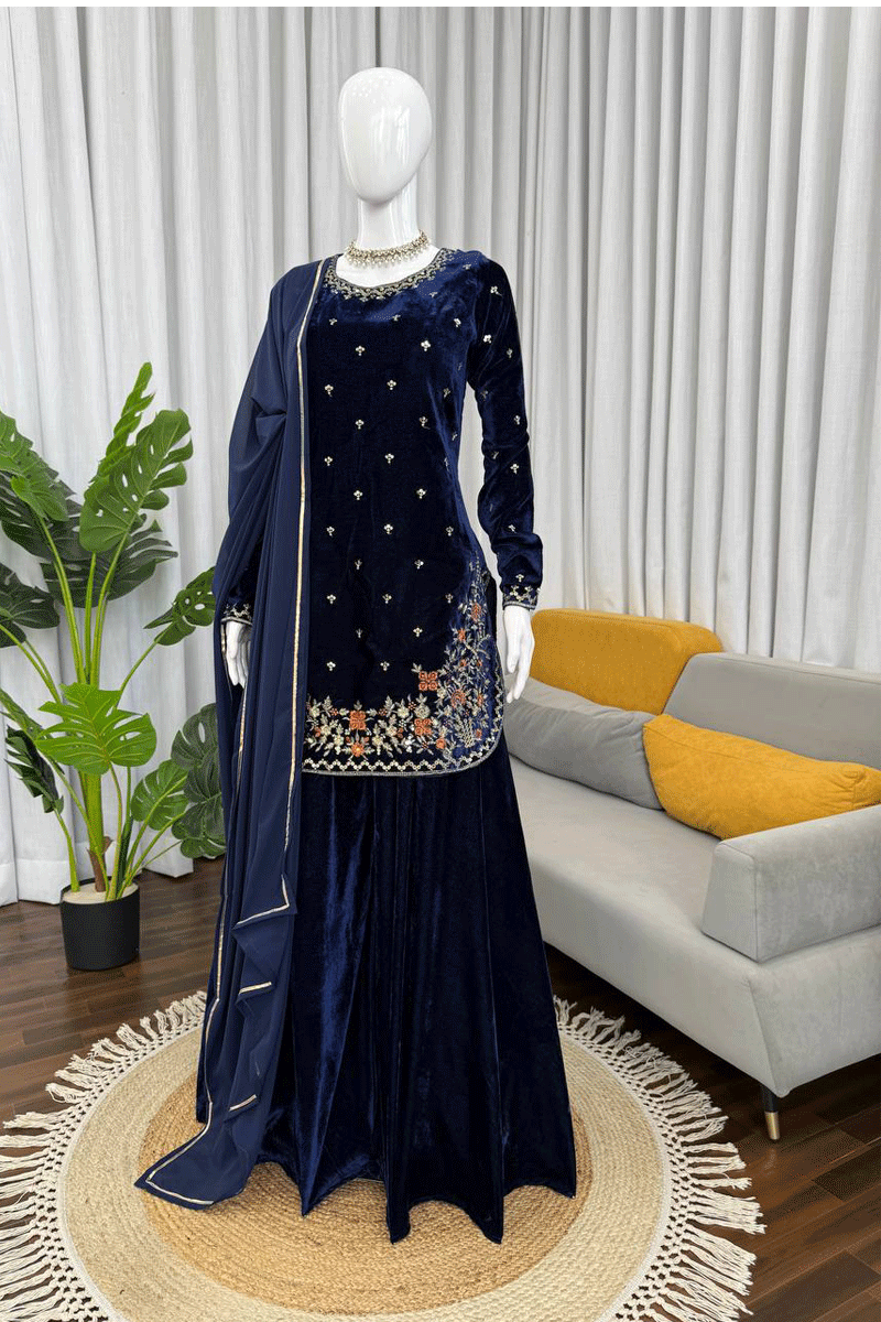 Classic Navy Blue Velvet Suit for Winter Wear