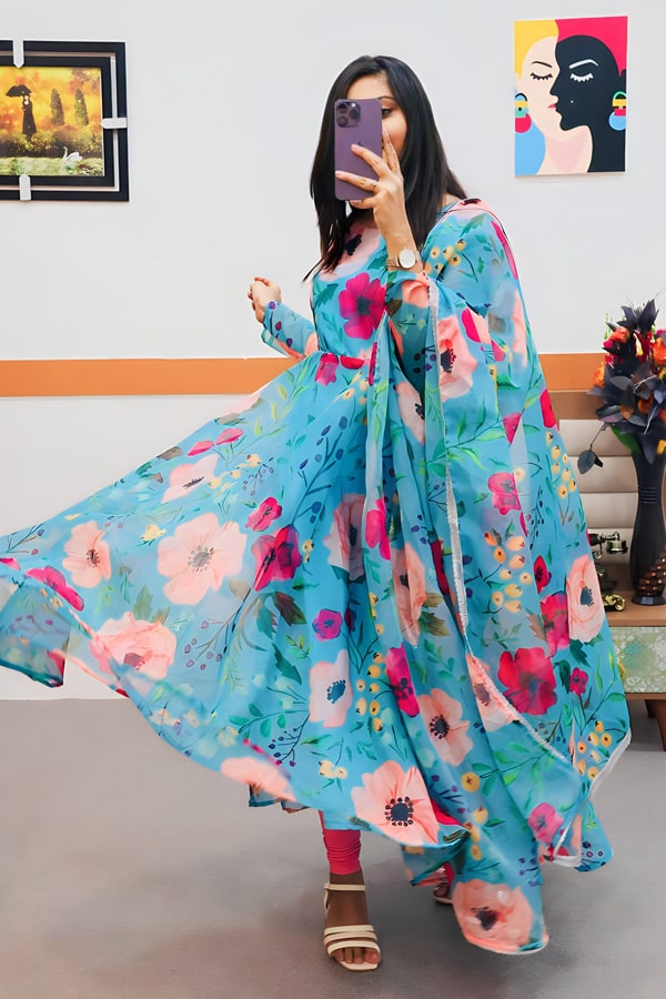 Full Flair Digital Print Gown With Floral Design For Women - Anaya Designer Studio