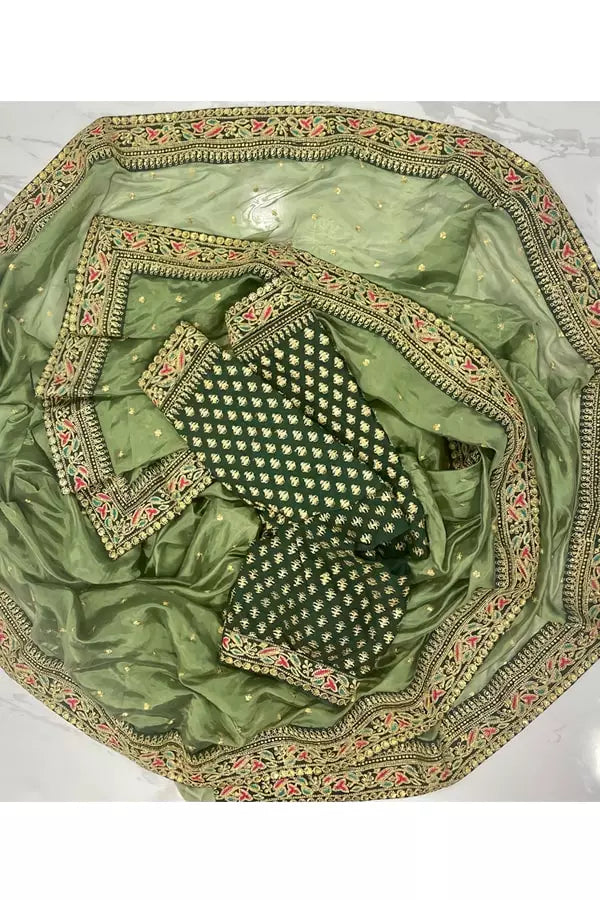 Dark Green Beautiful Organza Art Silk  Saree For Mehendi Function