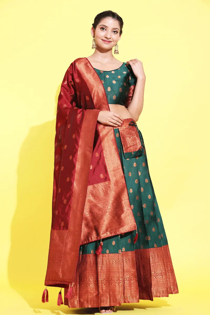 Dark Green Half Saree Combination with Maroon Duppata