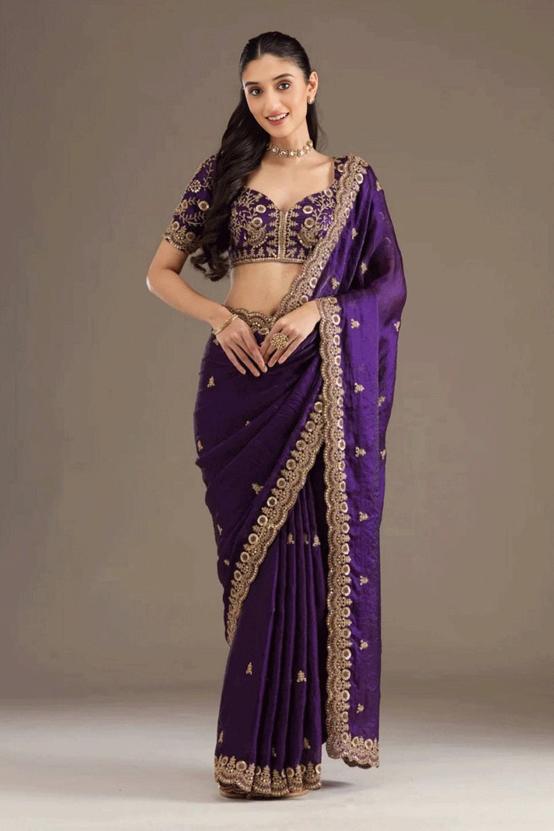 Dark Purple Sequence Work Saree for Reception Party