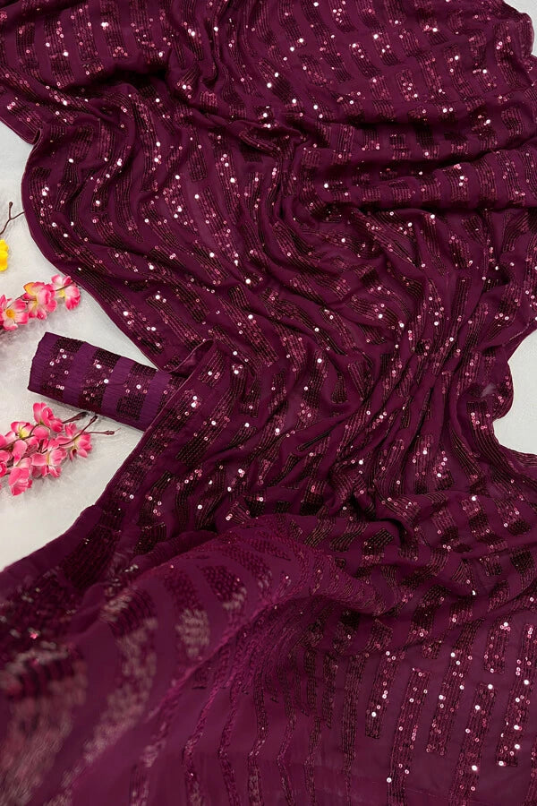 Designer Sequin Saree Bollywood In Wine Color