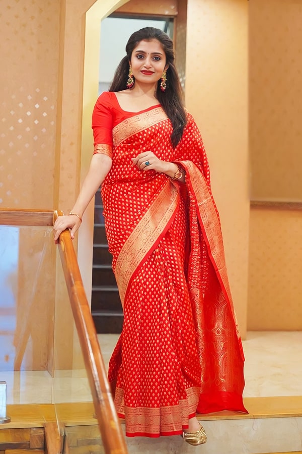 Designer Silk Red Saree For Karwa Chauth Festival - Anaya Designer Studio
