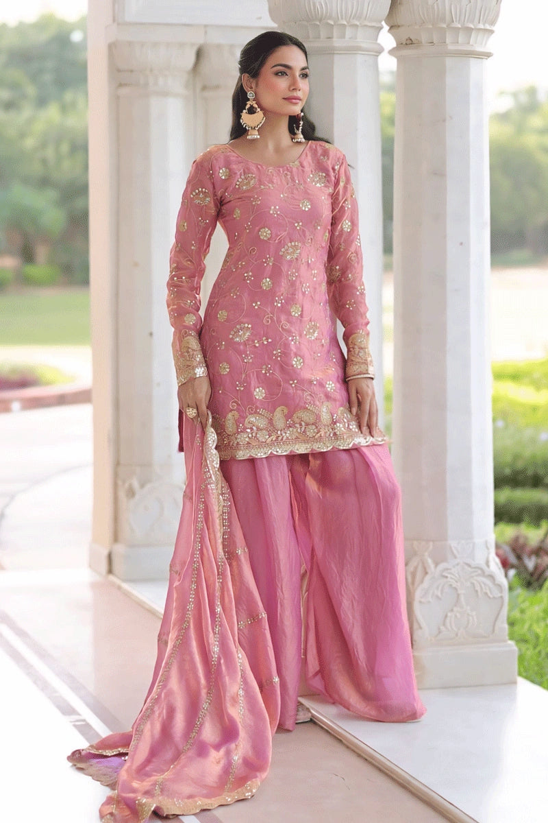 Designer Baby Pink Long Sleeve Sharara Set