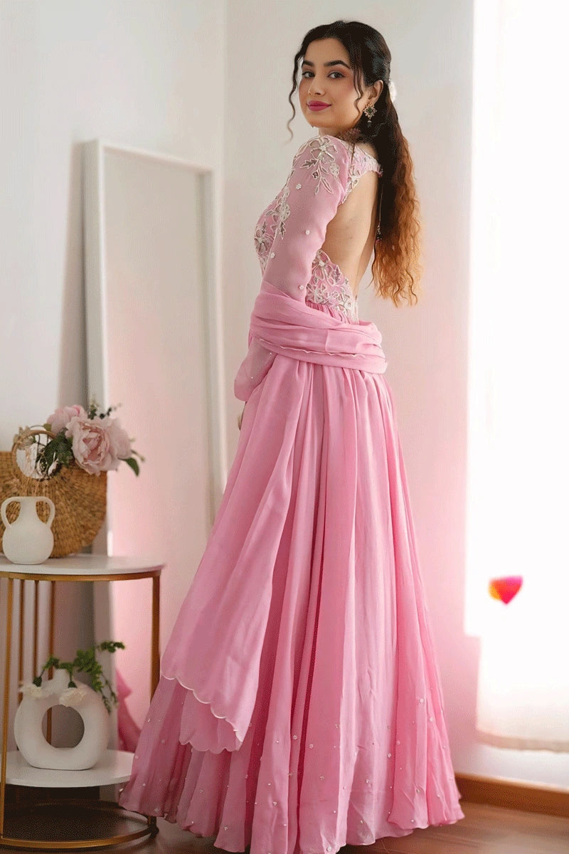 Pink Sangeet Gown Designs Baby Pink Color Heavy Flair Anarkali Gown For Sangeet Ceremony Pink Sangeet Gown Designs Baby Pink Color Heavy Flair Anarkali Gown For Sangeet Ceremony