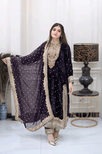 Designer Velvet Embroidered Full Sleeve Dress