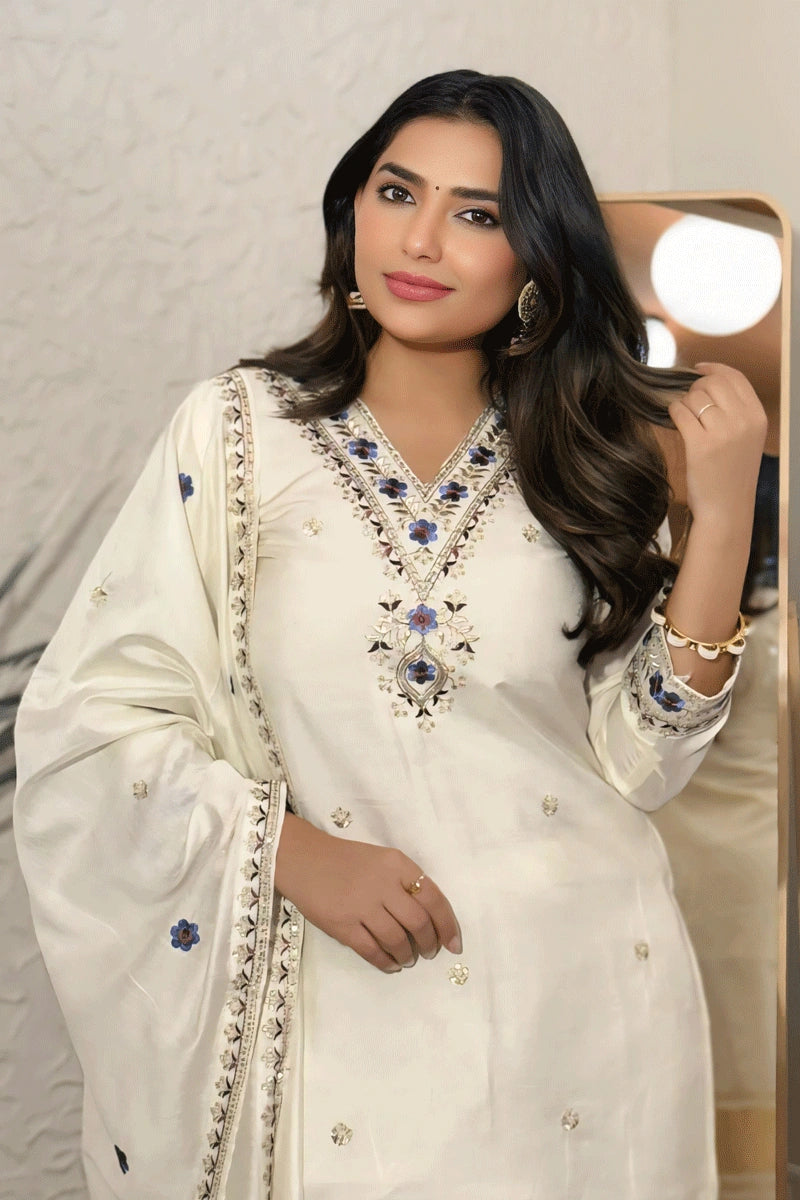 White Color Embroidery Suit for Wedding Guest