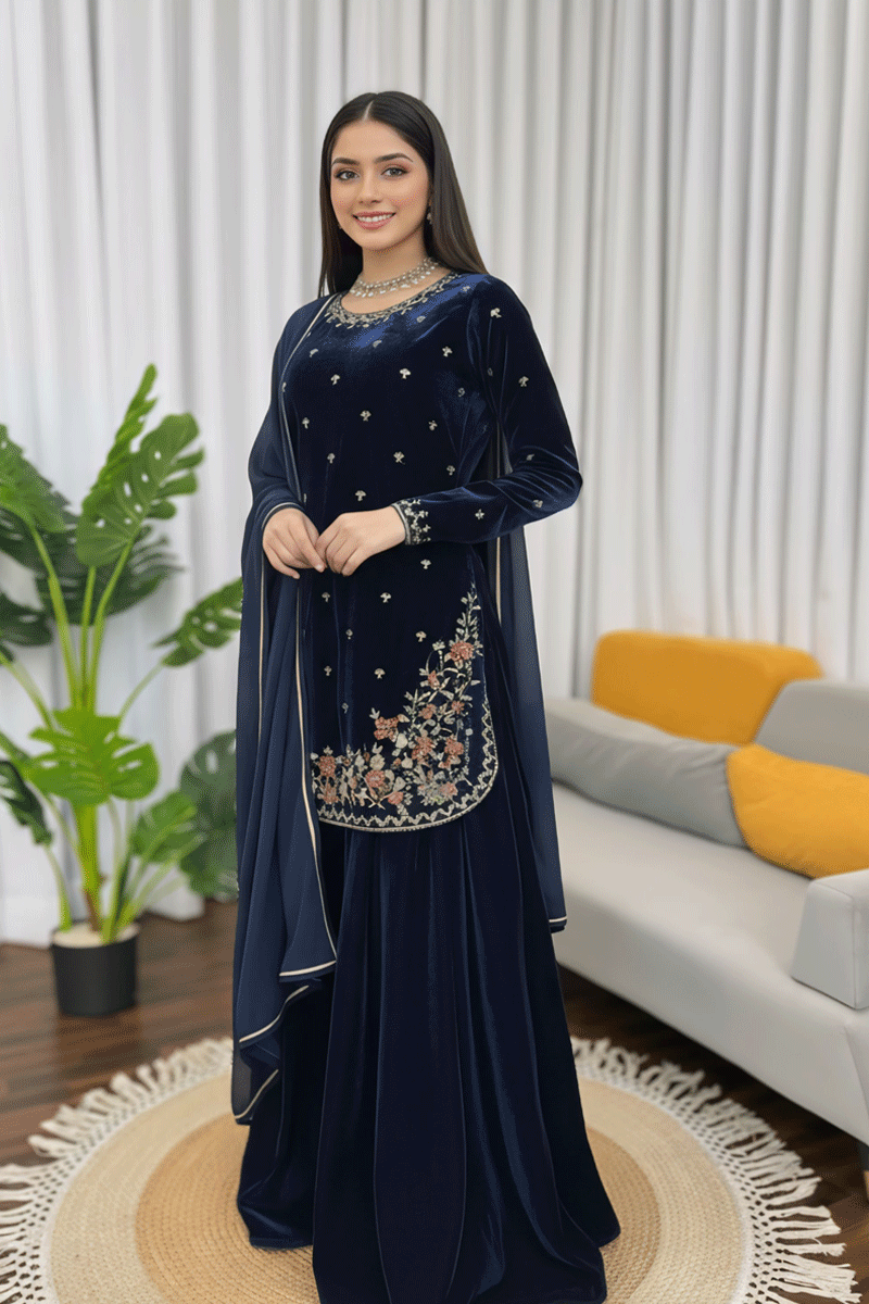 Designer Winter Wear Navy Blue Velvet Suit