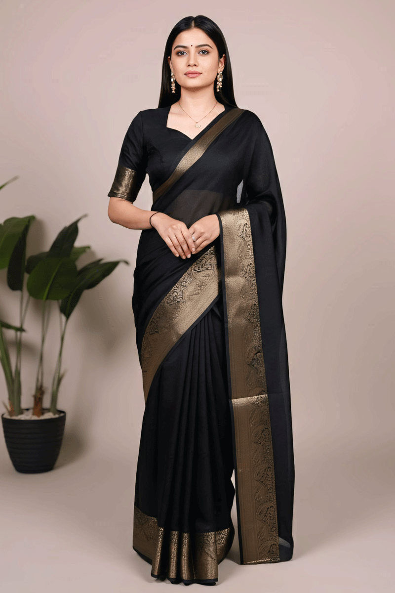 Zari Weaving Work Black Saree For Farewell Party