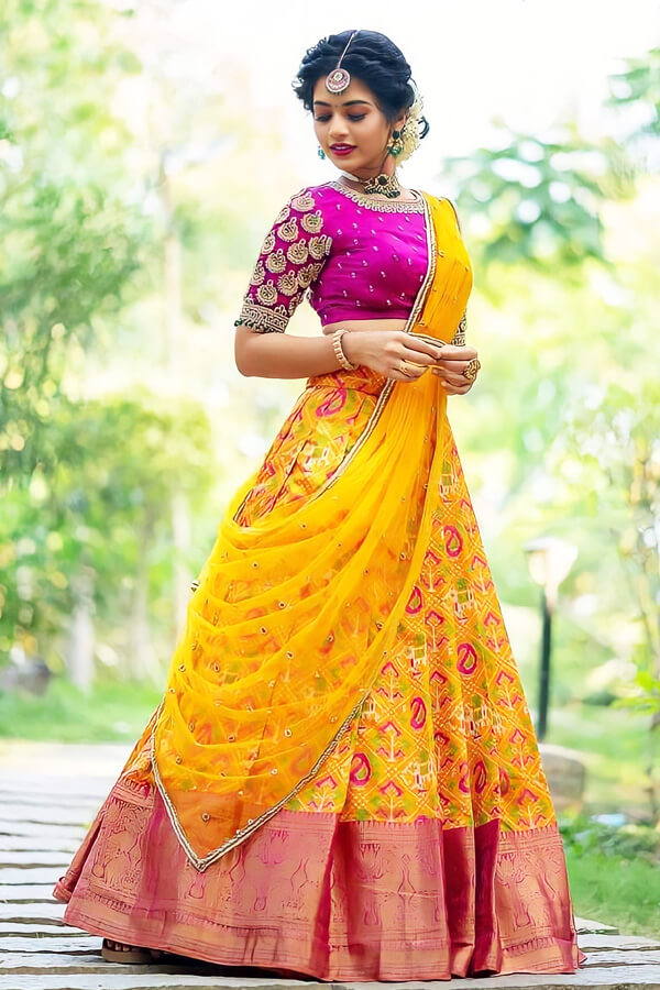 Latest Yellow And Pink Half Saree For Haldi Ceremony - Anaya Designer Studio
