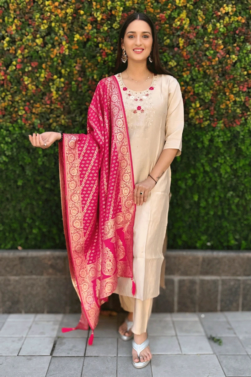 Elegant Cream Kurti in Roman Silk with Heavy Dupatta