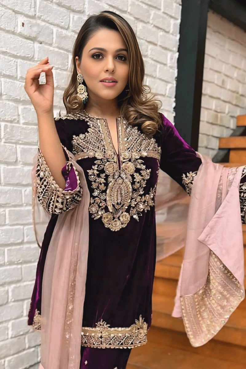 Reception Wear Velvet Embroidered Suit for Women
