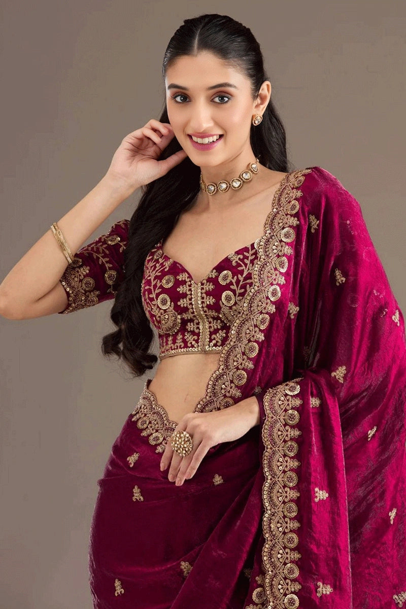 Elegant Maroon Satin Silk Saree for Wedding Guests