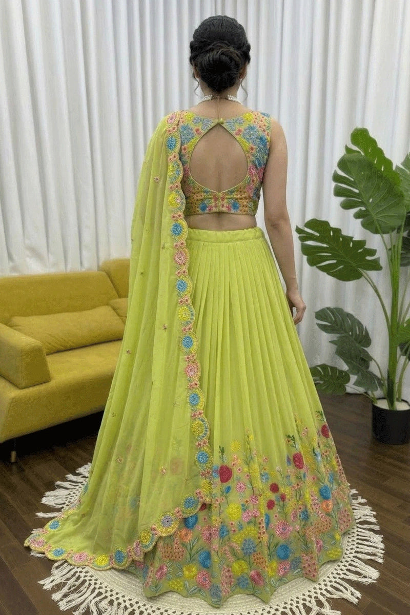 Elegant Organza Silk Lehenga in Green for Haldi