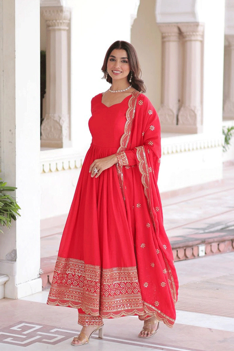 designer red anarkali dresses Red Designer Roman Silk Anarkali Suit Set with Heavy Multi E