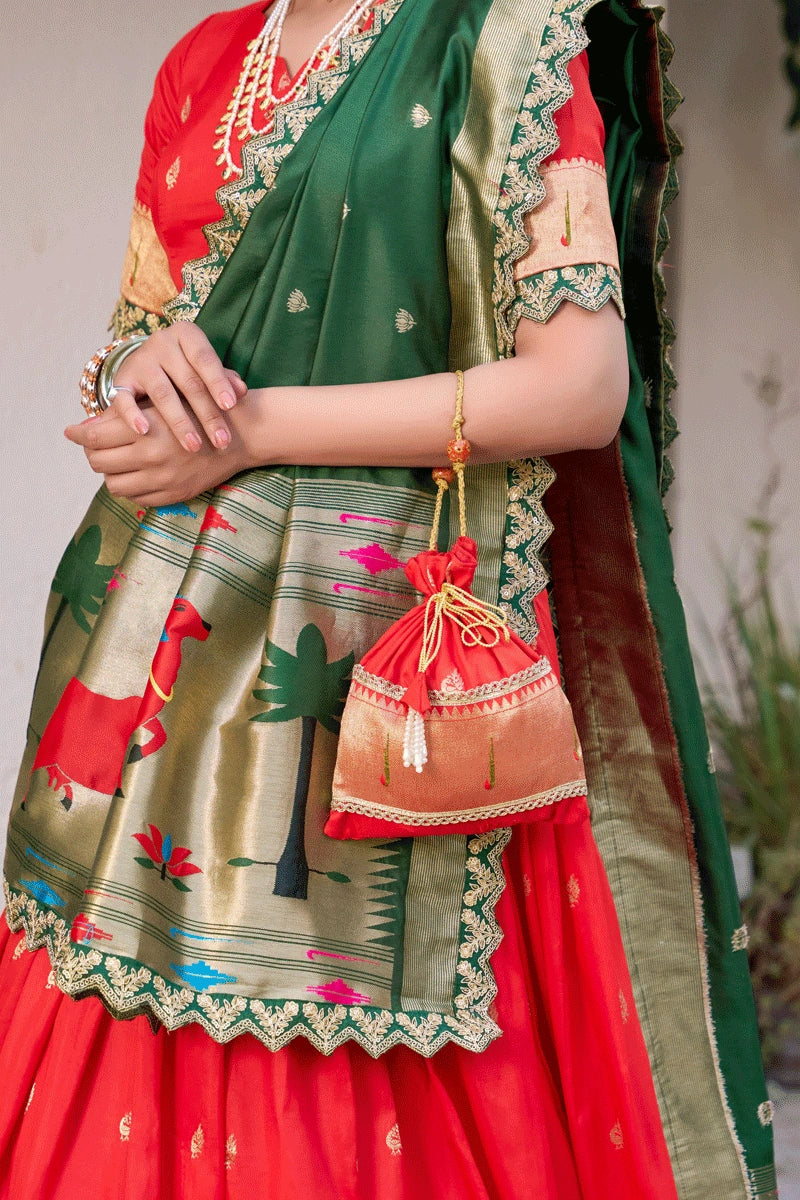 Elegant Red Half Saree with Green Dupatta for Girls