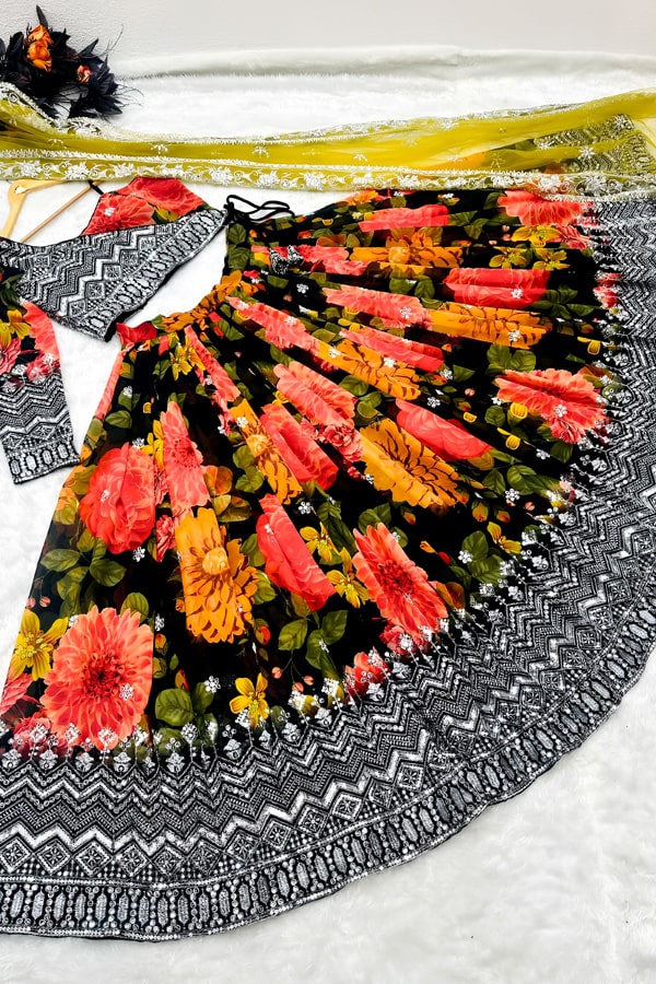 One Shoulder Lehenga Choli With Jacket For Girls