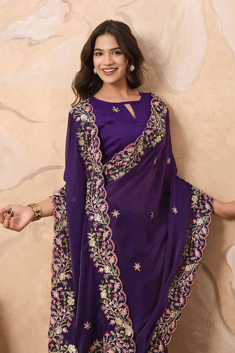 Reception Special Embroidery Purple Saree